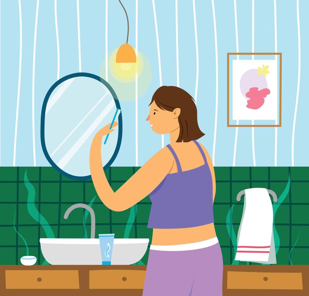illustrazione della routine mattutina in bagno vettore