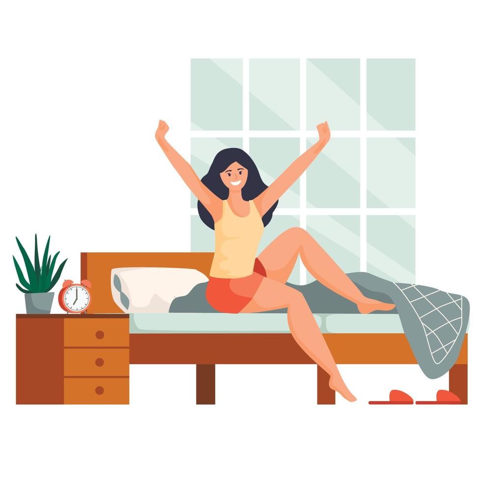 giovane donna sana che si sveglia al mattino sorridendo e allungando le braccia mentre si siede a letto, illustrazione vettoriale colorata