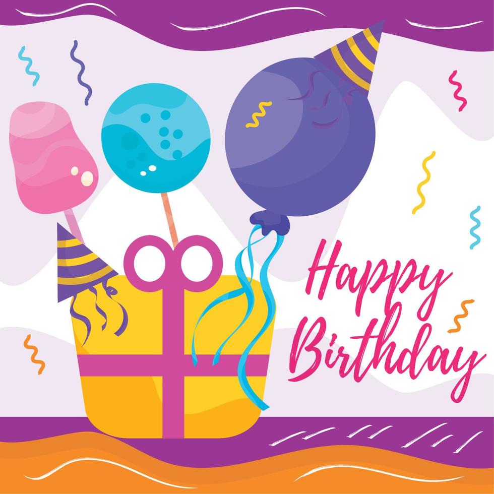 carta regalo di buon compleanno colorata isolata presente con palloncini vettore