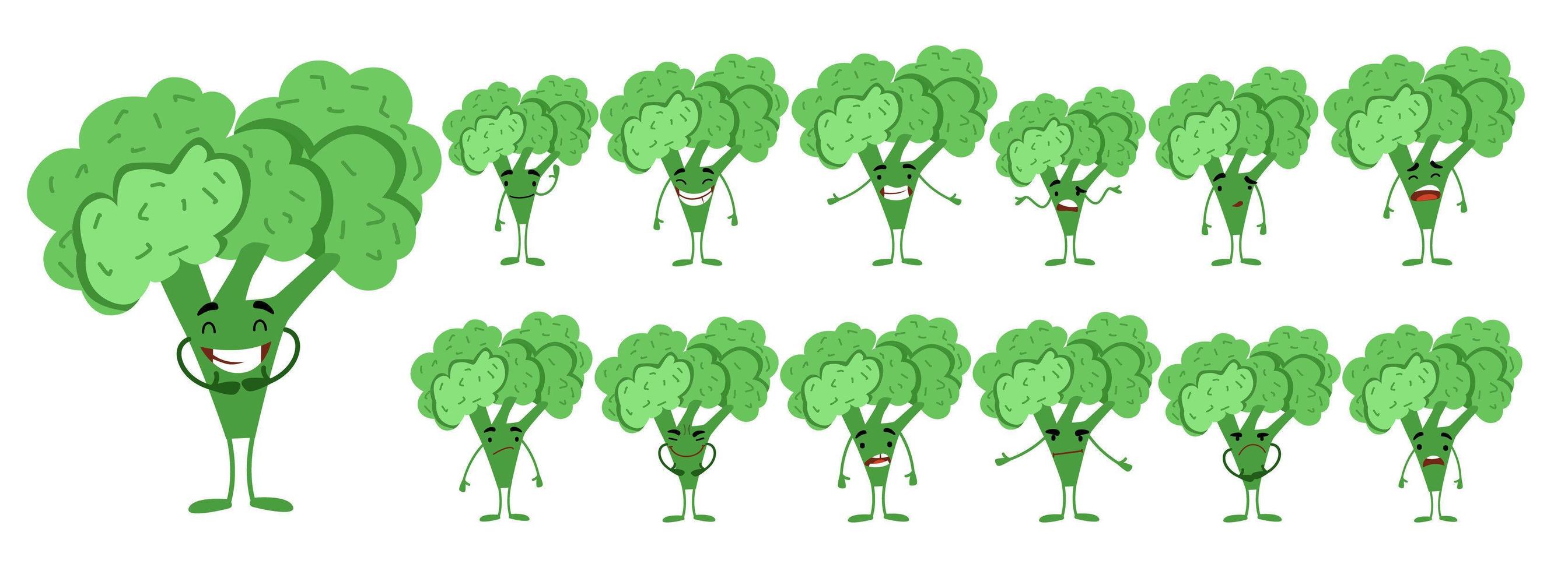 seth è un simpatico personaggio di broccoli con diverse emozioni. vettore