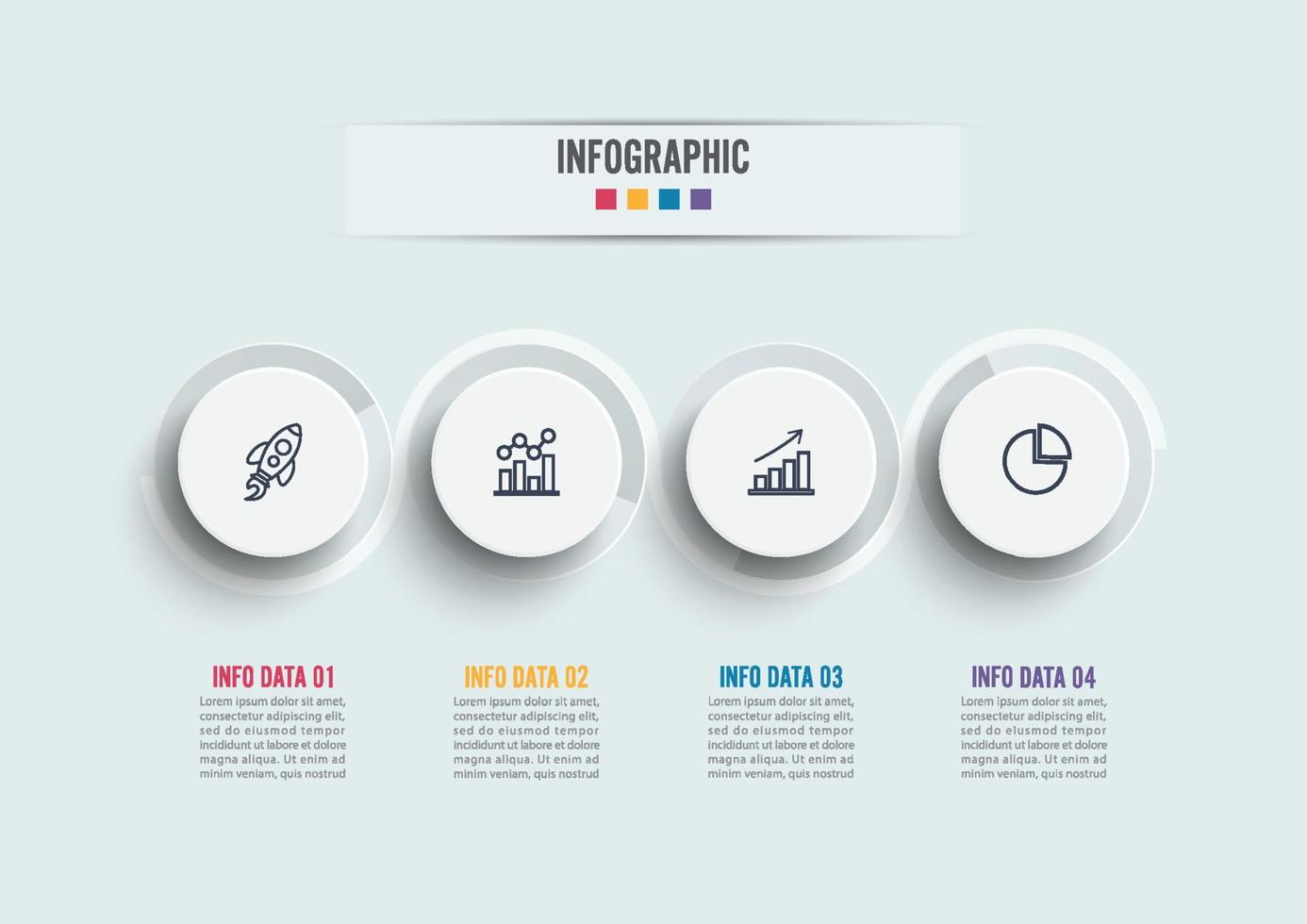 Le icone vettoriali e di marketing per la progettazione infografica possono essere utilizzate per il layout del flusso di lavoro, il diagramma, la relazione annuale, il web design. concetto di business con 4 opzioni, passaggi o processi.