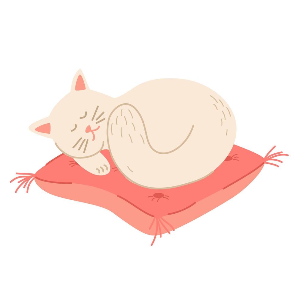 il gatto dorme sul cuscino. simpatico gatto addormentato con disegno a mano. animale domestico. intimità e comfort. illustrazione vettoriale di disegnare a mano.
