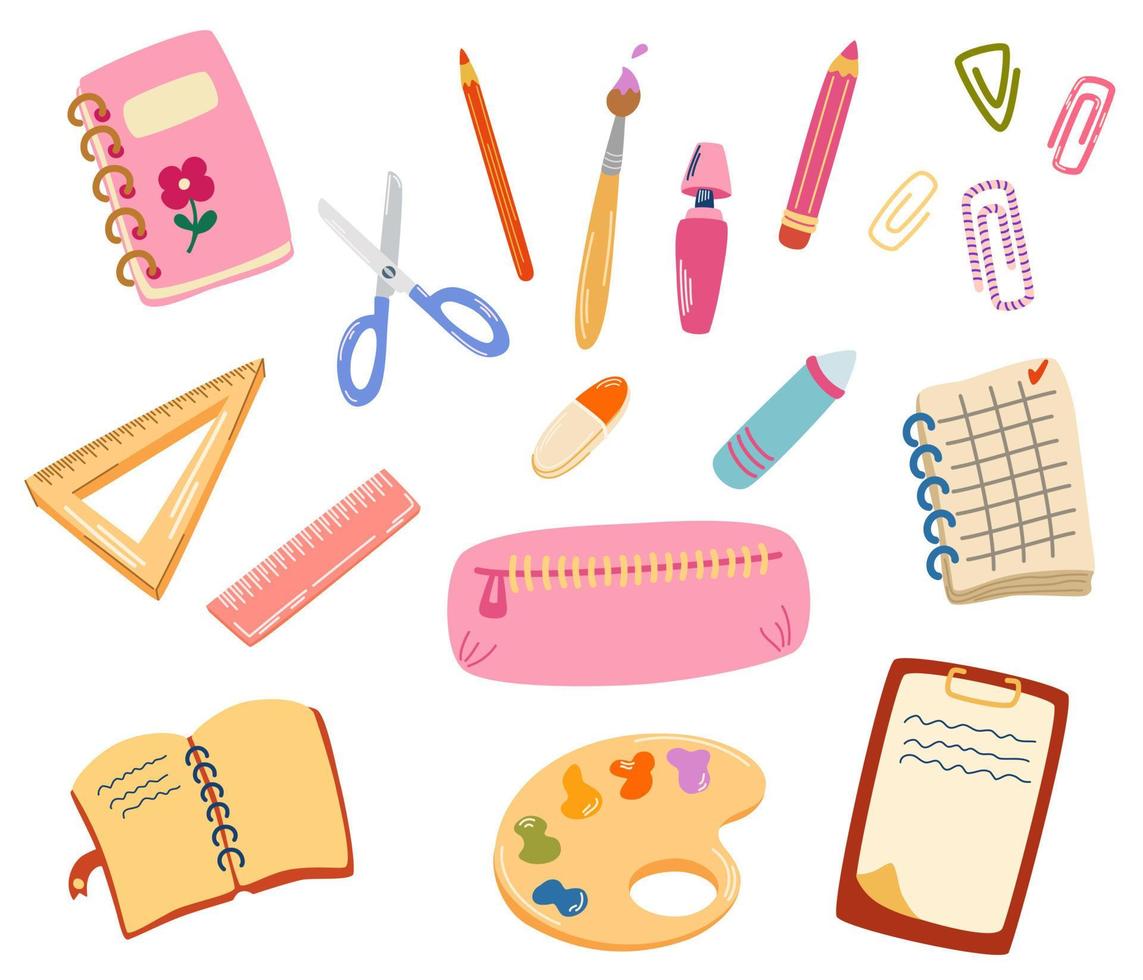 materiale scolastico. di nuovo a scuola. grande set di articoli per la scuola da disegnare a mano. libri, matite, penne, quaderni, gomme da cancellare, carta, clip, mappamondo, zaino. studia. illustrazione vettoriale