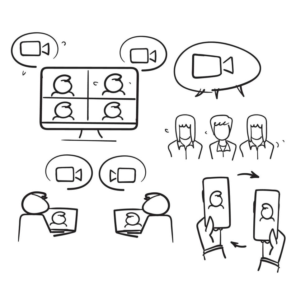 insieme semplice di doodle disegnato a mano dell'icona dell'illustrazione relativa alla videoconferenza vettore