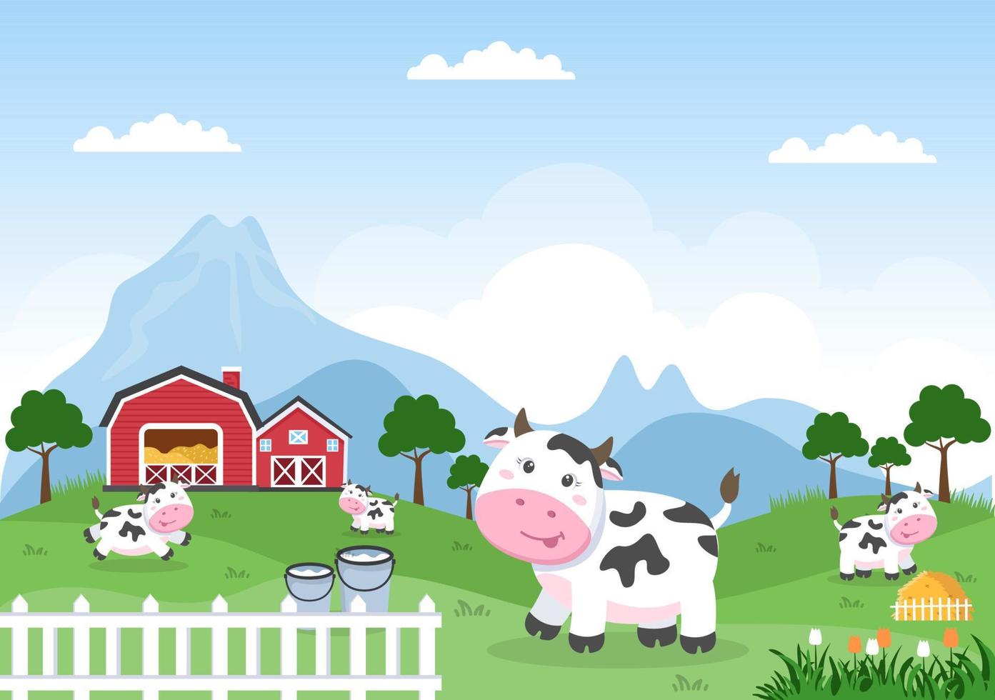 immagini di mucche da latte con vista su un prato o una fattoria in campagna per mangiare erba in uno stile piatto illustrazione vettore