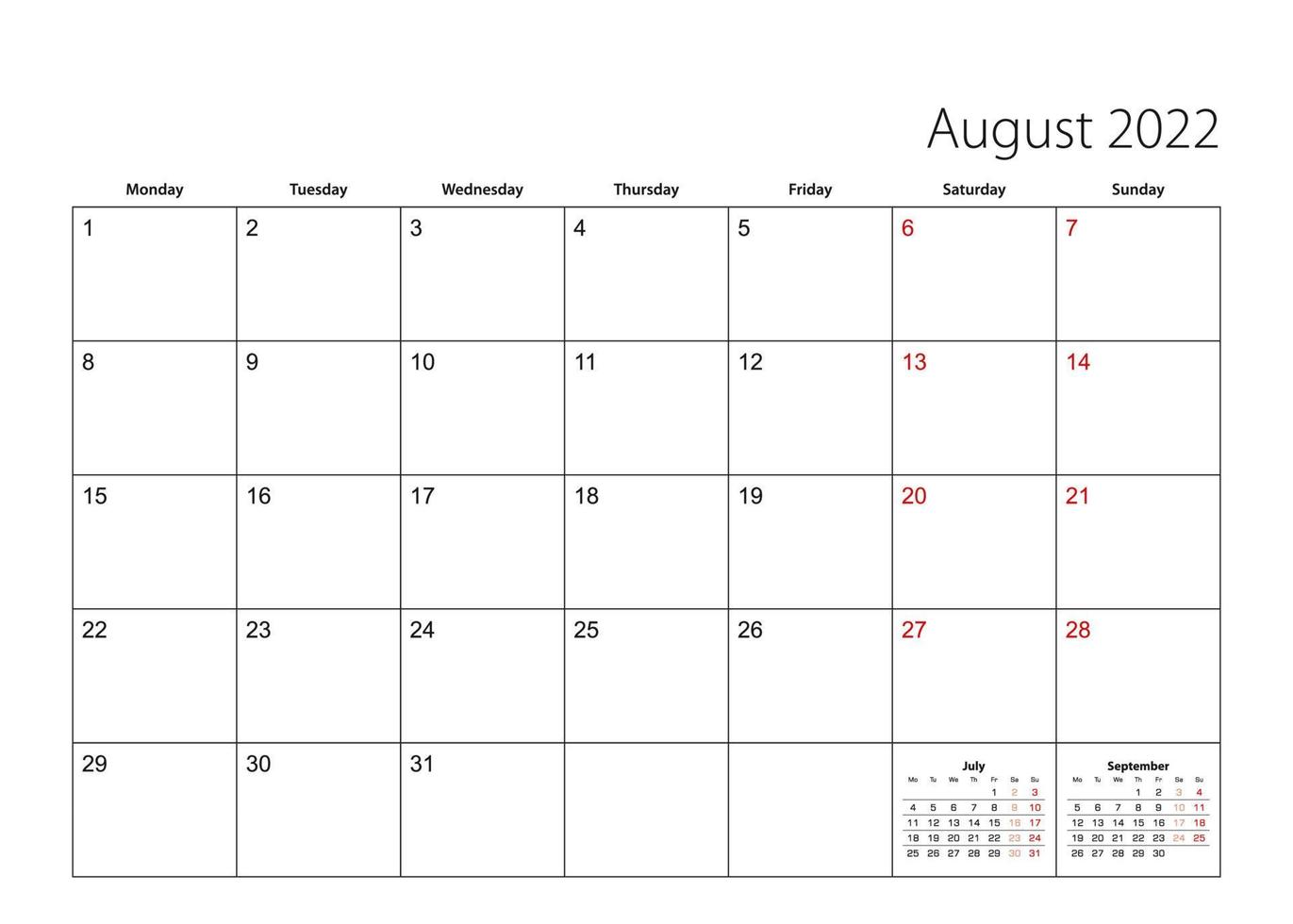 agosto 2022 semplice calendario pianificatore, la settimana inizia da lunedì. vettore