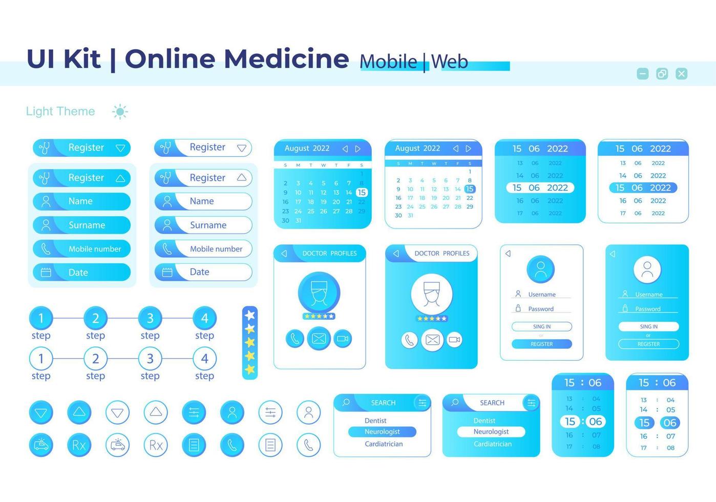 kit di elementi dell'interfaccia utente della medicina online. componenti vettoriali isolati per l'assistenza sanitaria. menu di navigazione piatti e modello di pulsanti dell'interfaccia. raccolta di widget di web design per applicazioni mobili con tema chiaro