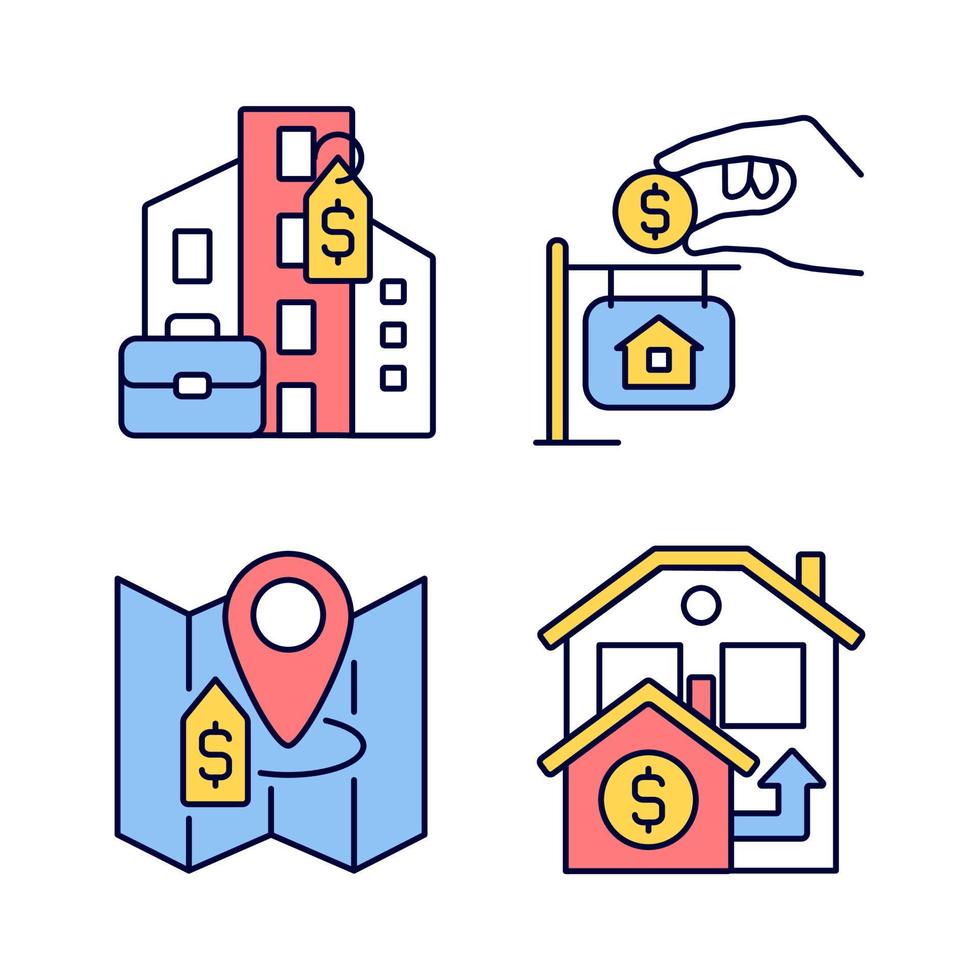 tipi di acquisto di immobili set di icone a colori RGB. proprietà commerciale e privata. prezzo immobiliare. illustrazioni vettoriali isolate. semplice raccolta di disegni al tratto riempiti. tratto modificabile