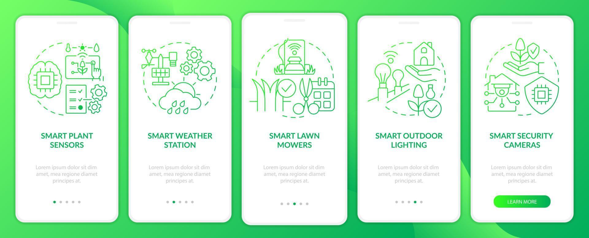 schermo dell'app mobile onboarding gradiente verde agricoltura intelligente. guida alla sicurezza 5 passaggi pagine di istruzioni grafiche con concetti lineari. ui, ux, modello gui. sono stati utilizzati una miriade di caratteri normali in grassetto vettore