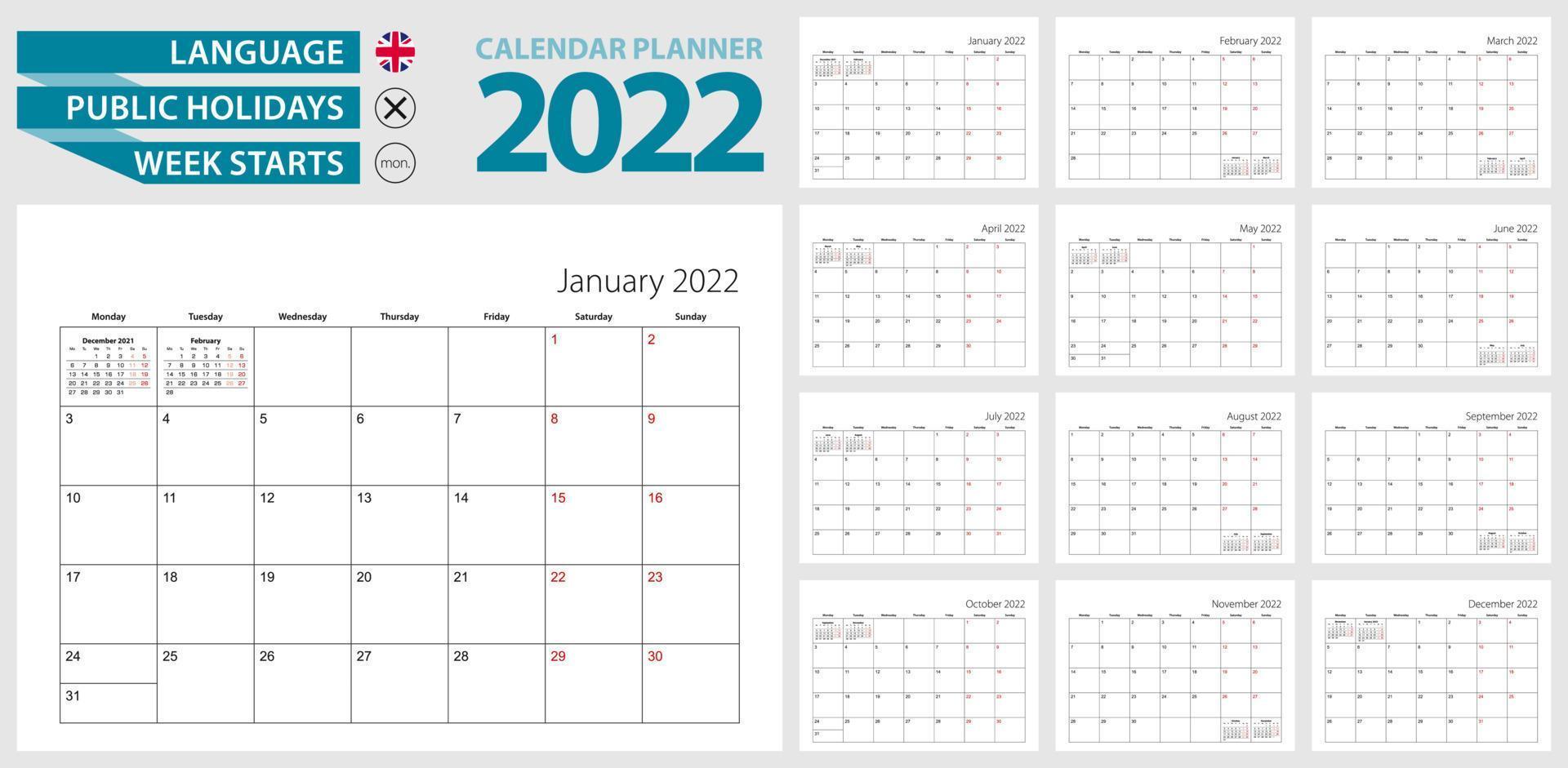pianificatore del calendario da parete per il 2022. lingua inglese, la settimana inizia da lunedì. vettore
