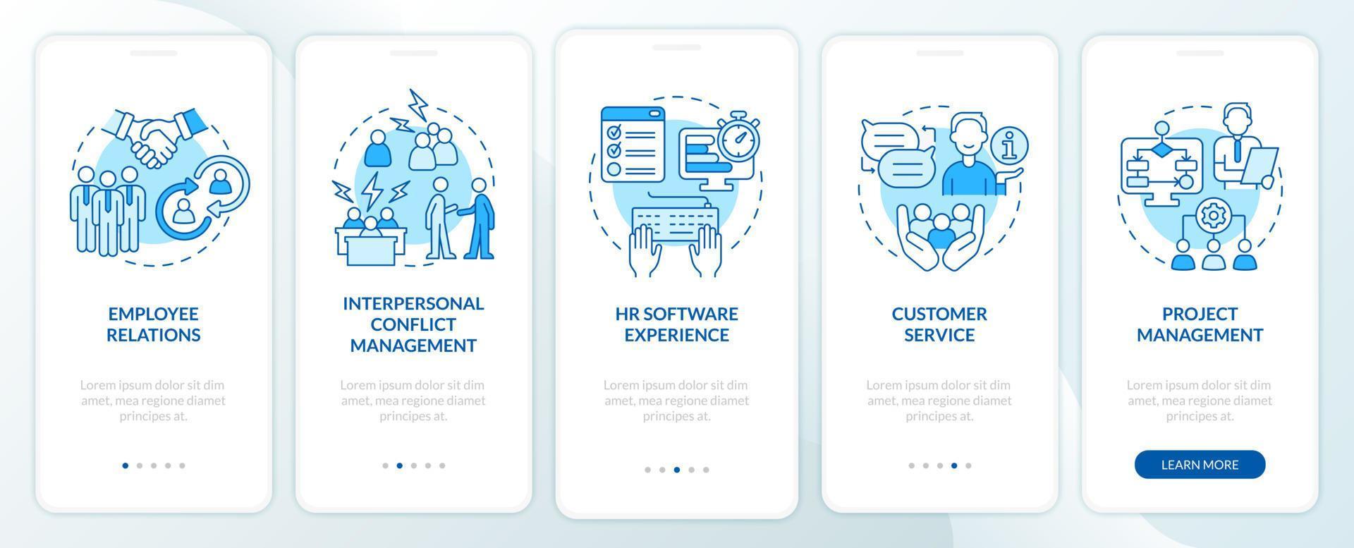 competenze per la schermata dell'app mobile di onboarding blu del responsabile delle risorse umane. procedura dettagliata 5 passaggi pagine di istruzioni grafiche con concetti lineari. ui, ux, modello gui. sono stati utilizzati una miriade di caratteri normali in grassetto vettore