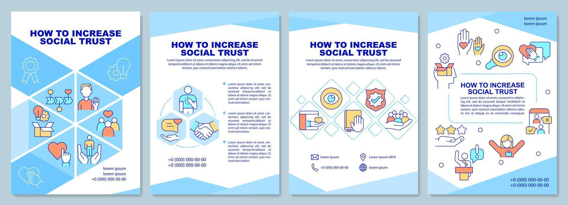 come aumentare la fiducia sociale modello di brochure blu. design per la stampa di opuscoli con icone lineari. layout vettoriali per presentazioni, relazioni annuali, annunci. arial-nero, una miriade di caratteri pro-regolari utilizzati