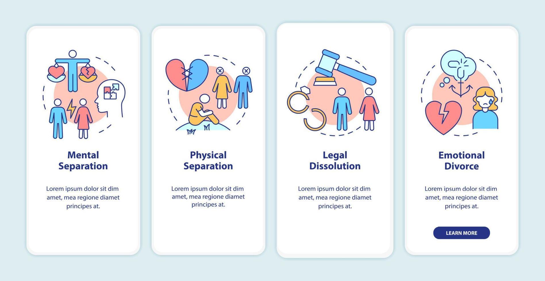 schermo dell'app mobile di onboarding sopravvissuto al divorzio. guida alla rottura 4 passaggi pagine di istruzioni grafiche con concetti lineari. ui, ux, modello gui. sono stati utilizzati una miriade di caratteri normali in grassetto vettore