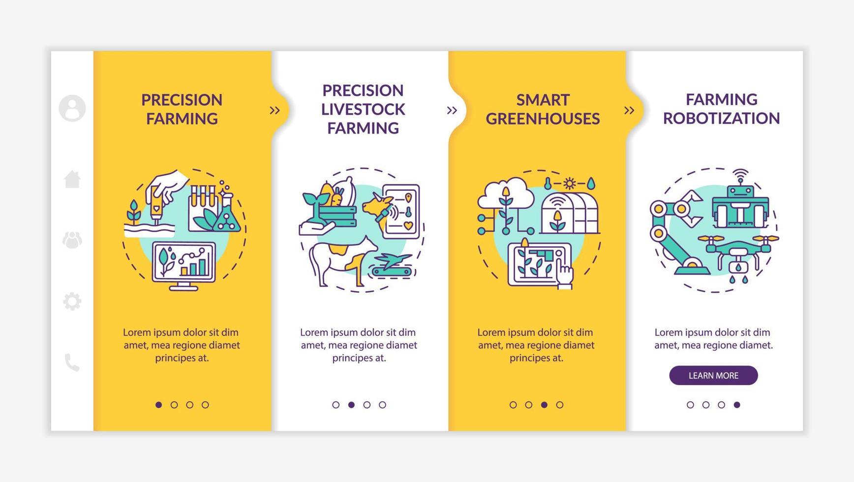 modello di onboarding giallo per l'agricoltura digitale. allevamento di precisione. sito Web mobile reattivo con icone concettuali lineari. pagina web procedura dettagliata 4 schermate di passaggio. lato-grassetto, caratteri regolari utilizzati vettore