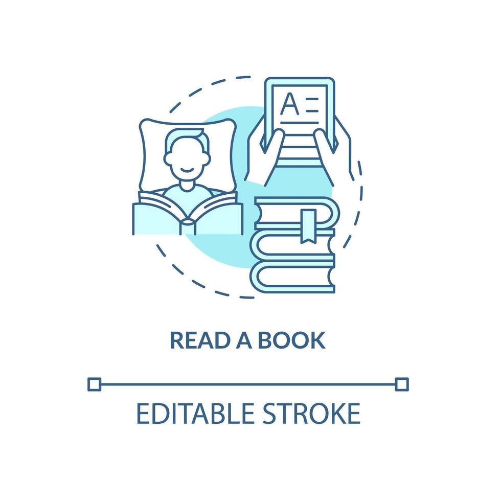 leggere il libro turchese concetto icona. rilassati e studia. routine mattutina per la salute astratta idea linea sottile illustrazione. disegno di contorno isolato. tratto modificabile. roboto-medium, una miriade di caratteri pro-grassetto utilizzati vettore