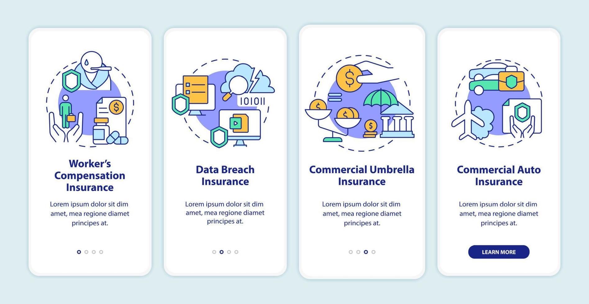 tipi di copertura durante l'onboarding della schermata dell'app mobile. assicurazione procedura dettagliata 4 passaggi istruzioni grafiche pagine con concetti lineari. ui, ux, modello gui. sono stati utilizzati una miriade di caratteri normali in grassetto vettore