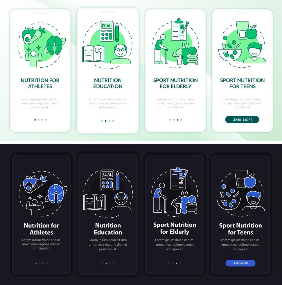 mangiare per lo sport modalità notte e giorno onboarding schermo dell'app mobile. dieta dettagliata 4 passaggi pagine di istruzioni grafiche con concetti lineari. ui, ux, modello gui. sono stati utilizzati una miriade di caratteri normali in grassetto vettore
