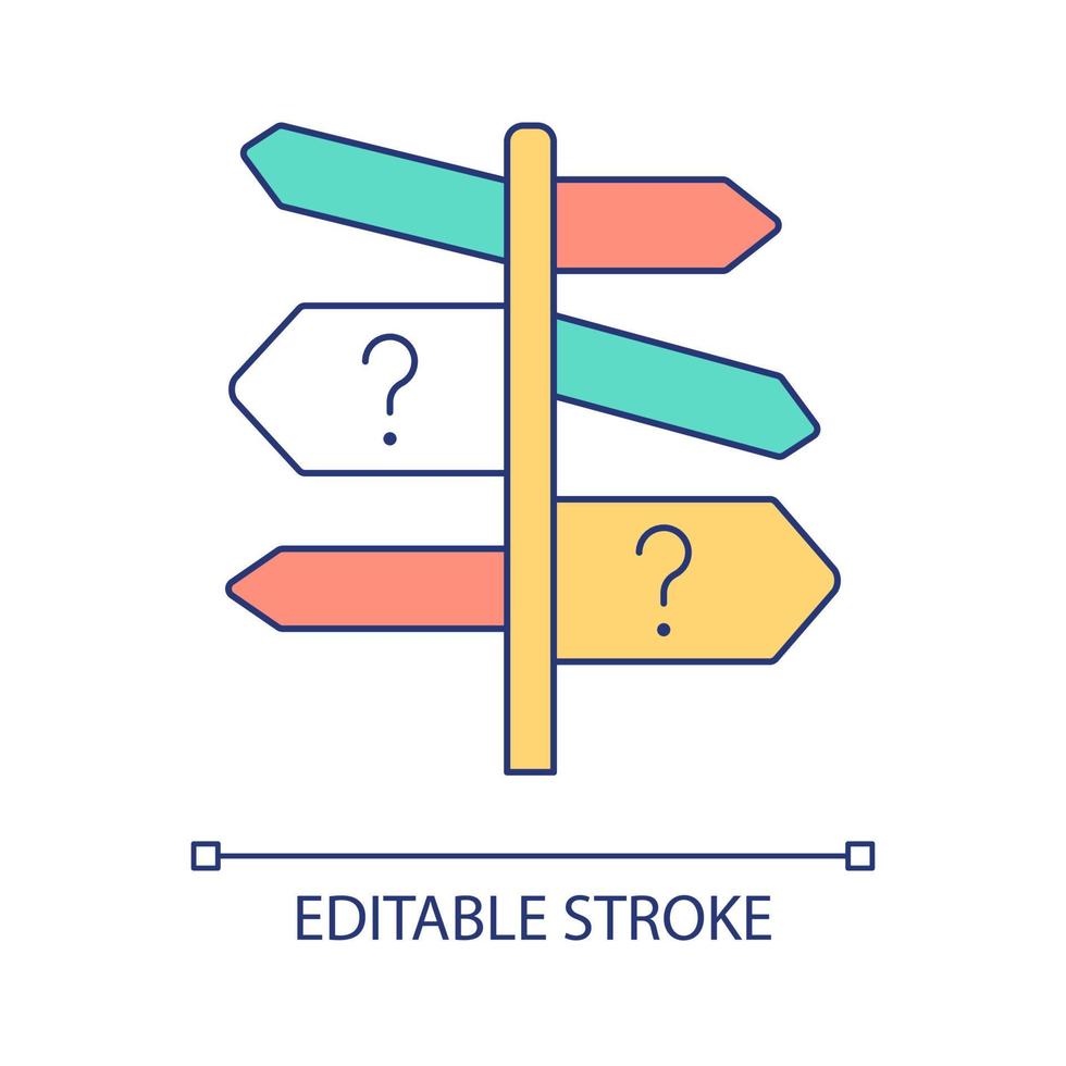 scegliendo l'icona del colore rgb della direzione giusta. schede guida con punti interrogativi. selezionare le modalità di ricerca. illustrazione vettoriale isolata. semplice disegno a tratteggio pieno. tratto modificabile. carattere arial utilizzato