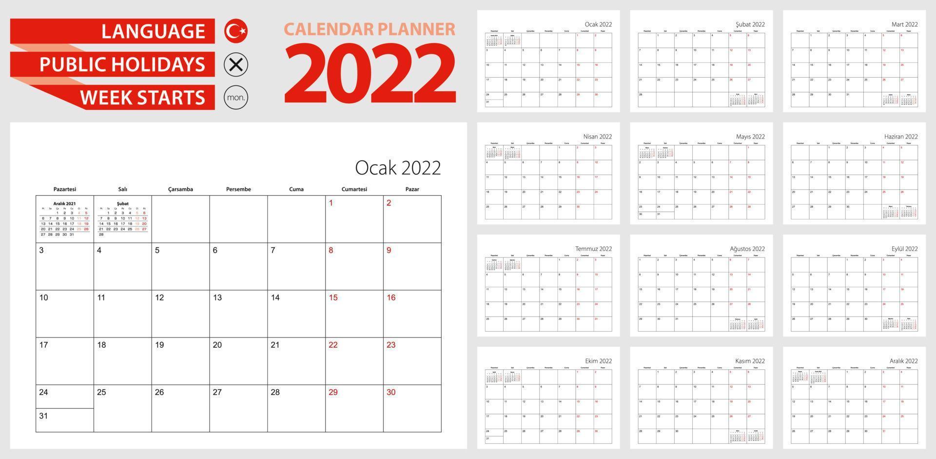 pianificatore del calendario turco per il 2022. lingua turca, la settimana inizia da lunedì. modello di calendario vettoriale per la Turchia e altro.