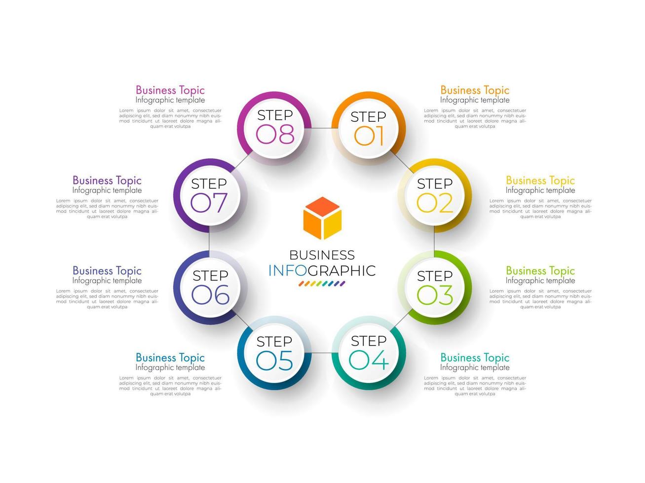 Il vettore e le icone di progettazione di infografica a passo minimo possono essere utilizzati per il layout del flusso di lavoro, il diagramma, la relazione annuale. modello di progettazione della sequenza temporale di infografica vettoriale con 8 opzioni, parti, passaggi o processi.