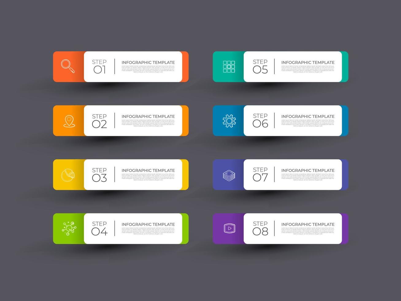 il moderno design aziendale di infografica con 8 concetti di opzioni, parti, passaggi o processi può essere utilizzato per il layout del flusso di lavoro, il diagramma, le opzioni numeriche, il web design. elemento infografico. vettore