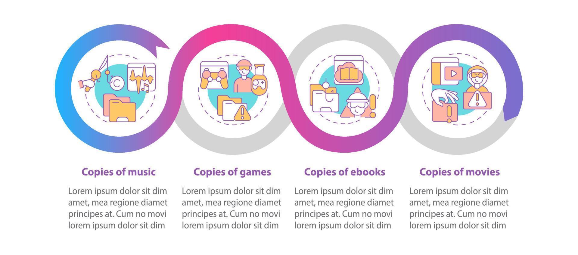 modello di infografica vettoriale di copia illegale. copie di elementi di design del profilo di presentazione dei giochi. visualizzazione dei dati con 4 passaggi. grafico delle informazioni sulla sequenza temporale del processo. layout del flusso di lavoro con icone di linea