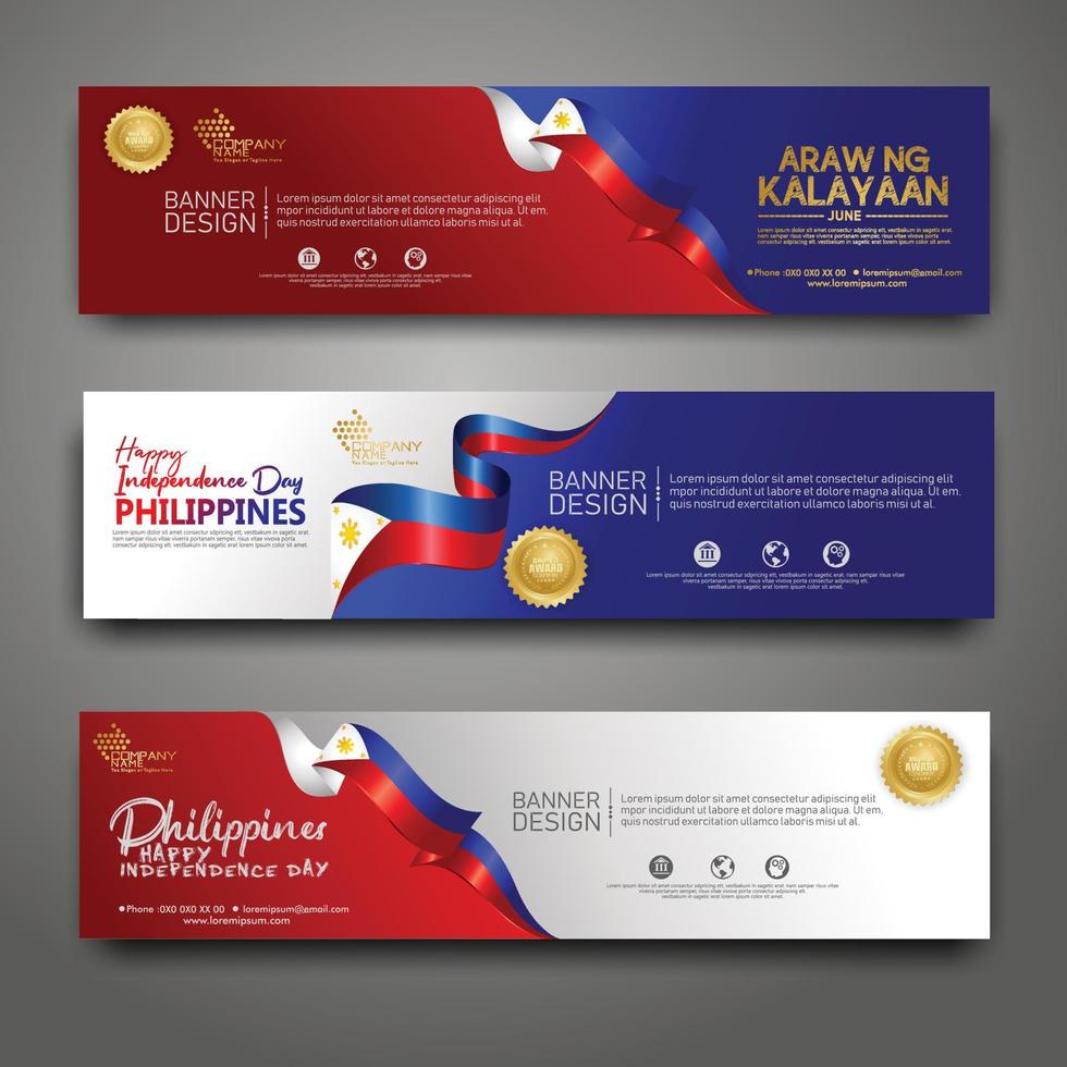 impostare il modello di progettazione banner orizzontale. felice giorno dell'indipendenza filippine sfondo moderno con bandiera a nastro, nastro premio d'oro e città silhouette vettore