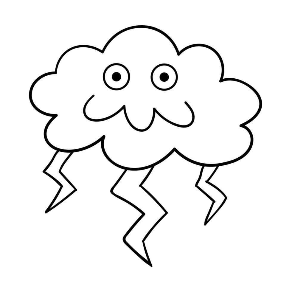 cartone animato doodle nuvola felice con fulmini, nuvola temporalesca isolata su sfondo bianco. vettore