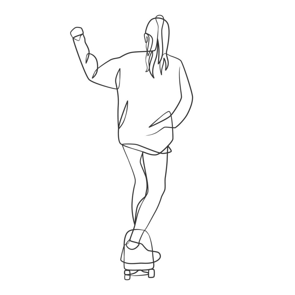 disegno a tratteggio continuo di una ragazza che gioca a skateboard vettore