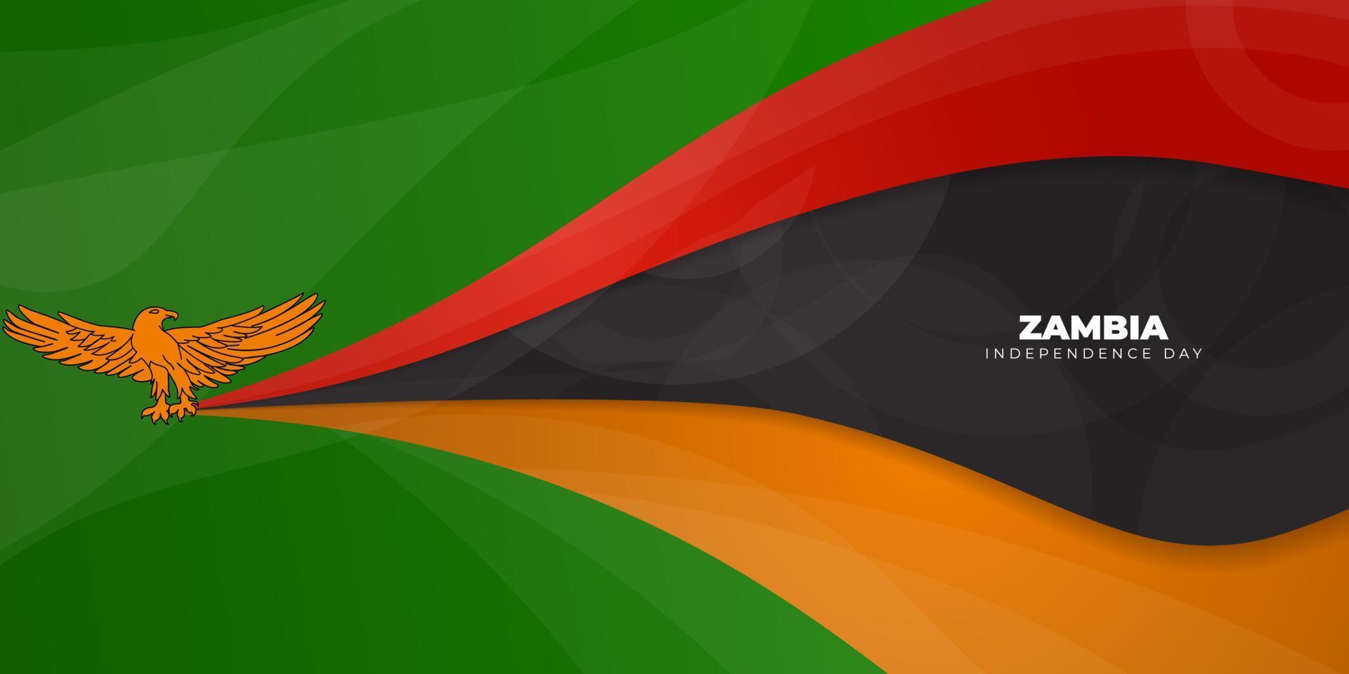 aquila volante con la presa della bandiera gialla nera rossa su sfondo verde. disegno di sfondo del giorno dell'indipendenza dello zambia. vettore