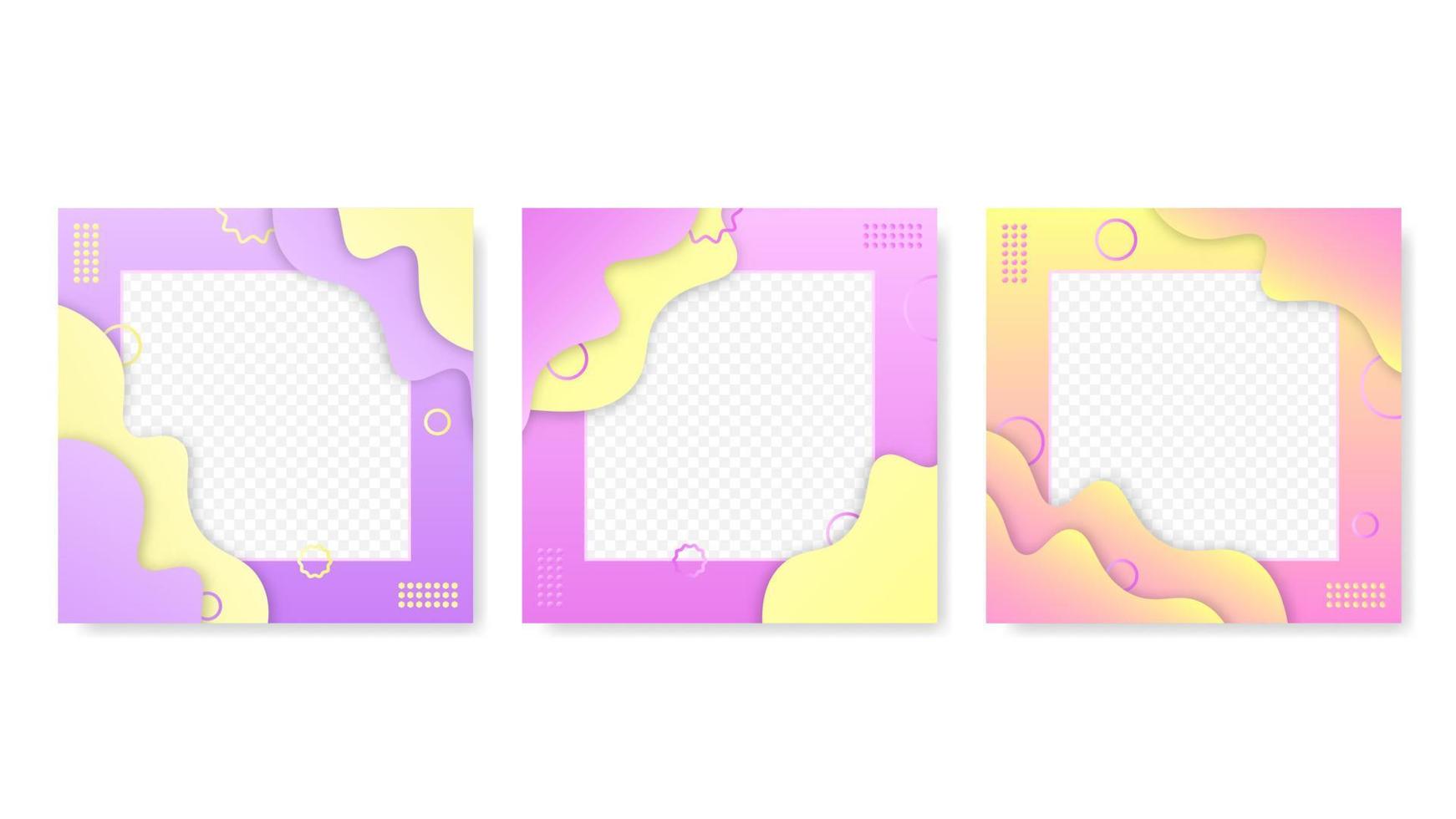cornici astratte con modello di onde e nuvole. gradiente viola e rosa con ornamenti di social media ornati forme vettoriali ondulate decorative gialle geometriche.