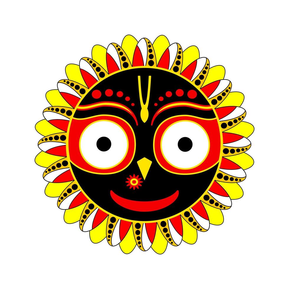 sorridente sole jaganath. felice giallo indù rosso krishna avatar con occhi grandi tradizionale radha yatra celebrazione con jagantha puri viaggio delle divinità culto sacro e grande celebrazione vettoriale