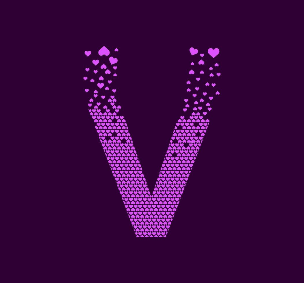 lettera del cuore v logo animato pixel dot. maiuscola pixel up. i cuori sono pieni della lettera v. vettore