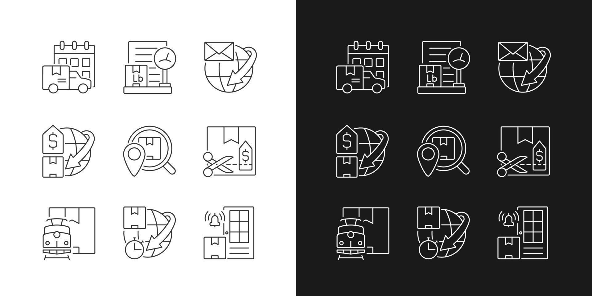 regole del servizio di spedizione internazionale icone lineari impostate per la modalità scura e chiara. consegna globale di posta e container. simboli di linee sottili personalizzabili. illustrazioni di contorno vettoriale isolate