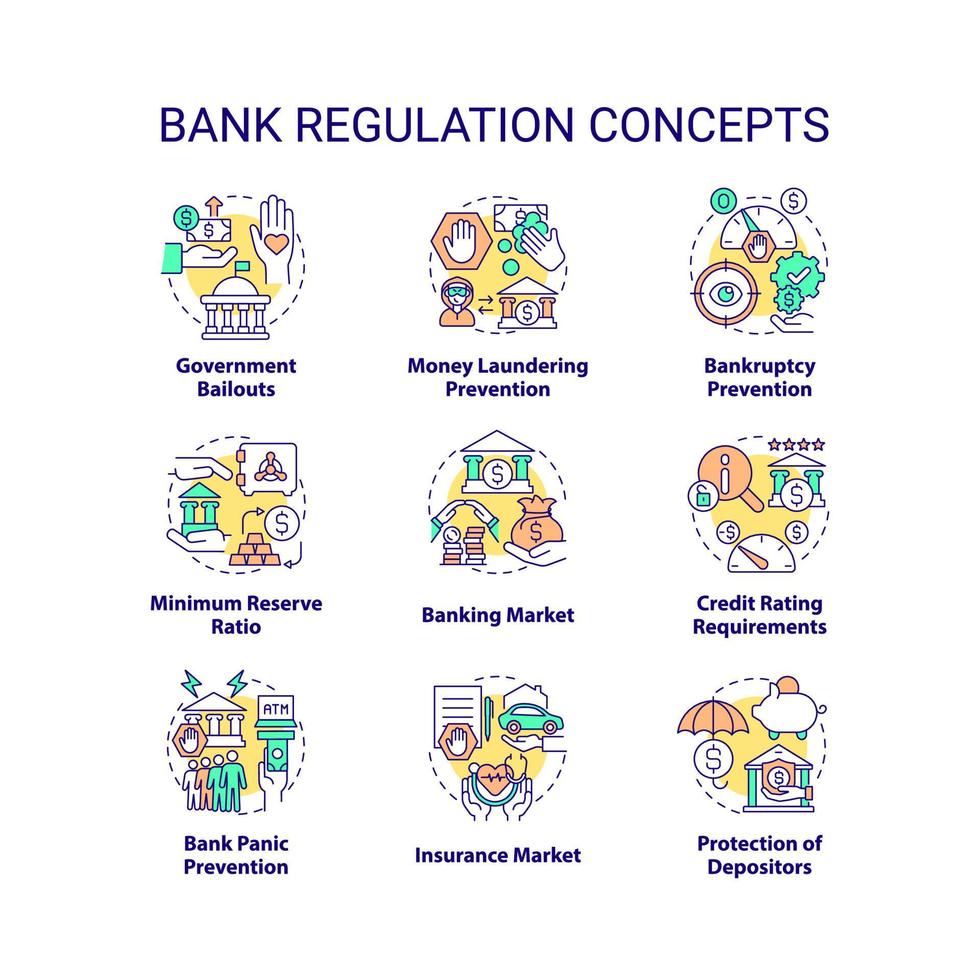 set di icone di concetto di regolamentazione bancaria. prevenzione del riciclaggio di denaro. salvataggi del governo. illustrazioni a colori linea sottile idea mercato bancario. disegni di contorno isolati vettoriali. tratto modificabile vettore