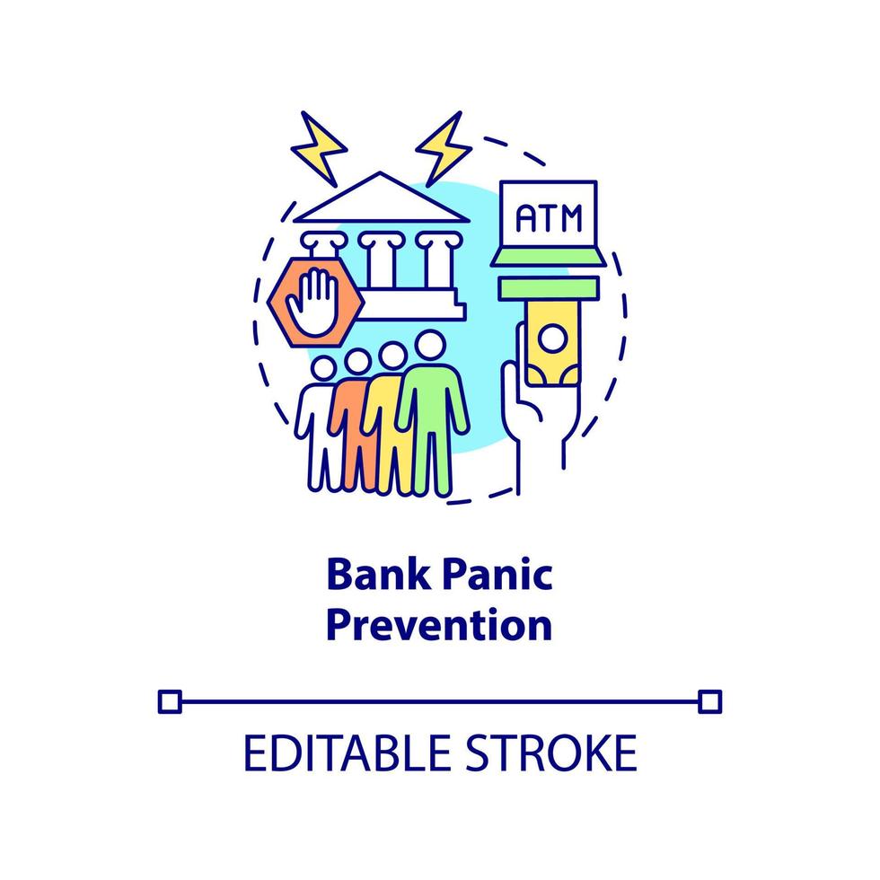 icona del concetto di prevenzione del panico bancario. crisi, corsa agli sportelli, prevenzione del fallimento. illustrazione della linea sottile dell'idea astratta della crisi sistemica. disegno a colori di contorno isolato vettoriale. tratto modificabile vettore