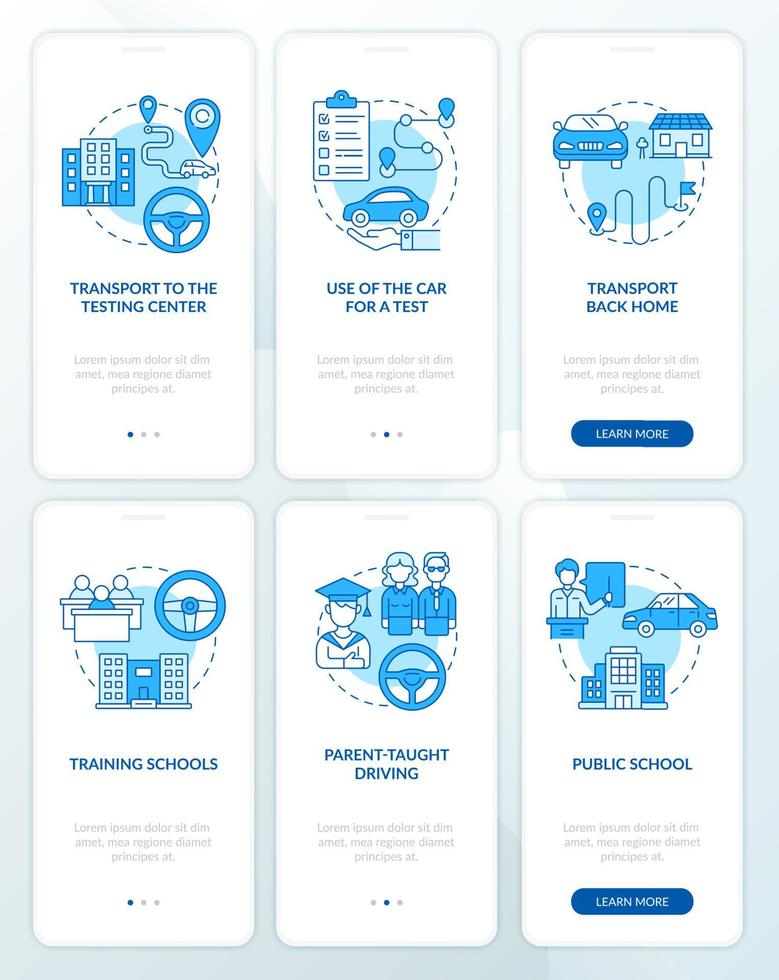 l'istruzione del conducente offre una schermata blu della pagina dell'app mobile di onboarding. corso per adolescenti procedura dettagliata 3 passaggi istruzioni grafiche con concetti. modello vettoriale ui, ux, gui con illustrazioni a colori lineari