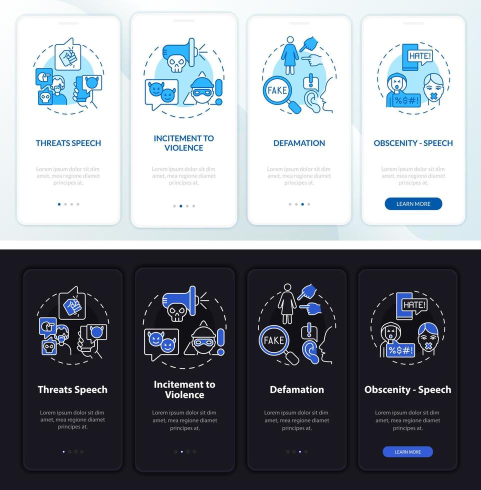 tipi di voce non protetti durante l'onboarding della schermata della pagina dell'app mobile. minacce guida dettagliata 4 passaggi istruzioni grafiche con concetti. modello vettoriale ui, ux, gui con illustrazioni in modalità notte e giorno lineari