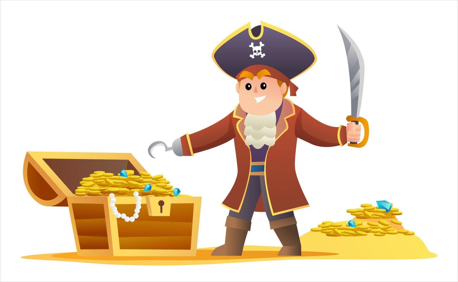 simpatico pirata che tiene la spada con l'illustrazione dello scrigno del tesoro vettore
