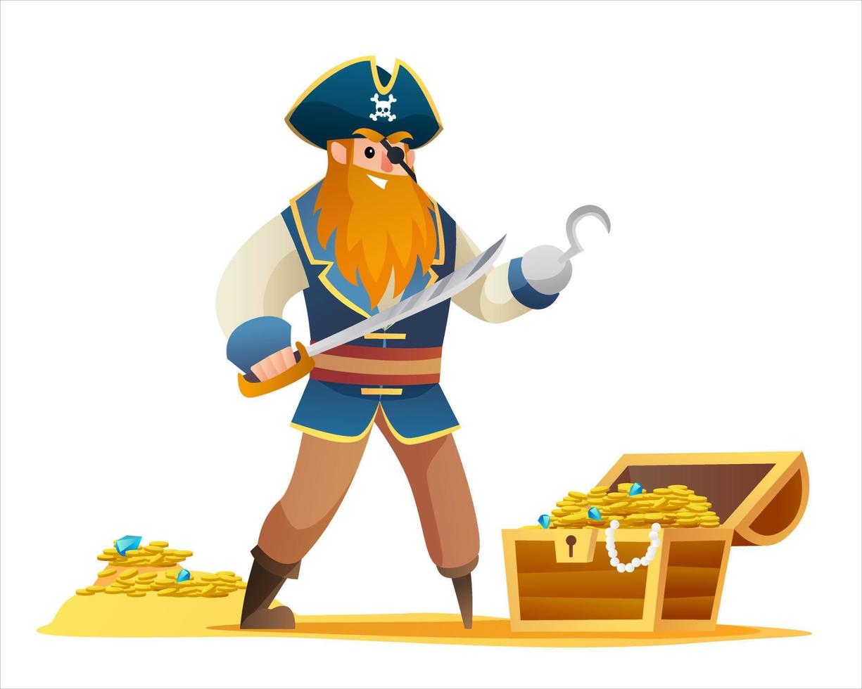 personaggio dei pirati che tiene la spada con il cartone animato dello scrigno del tesoro vettore