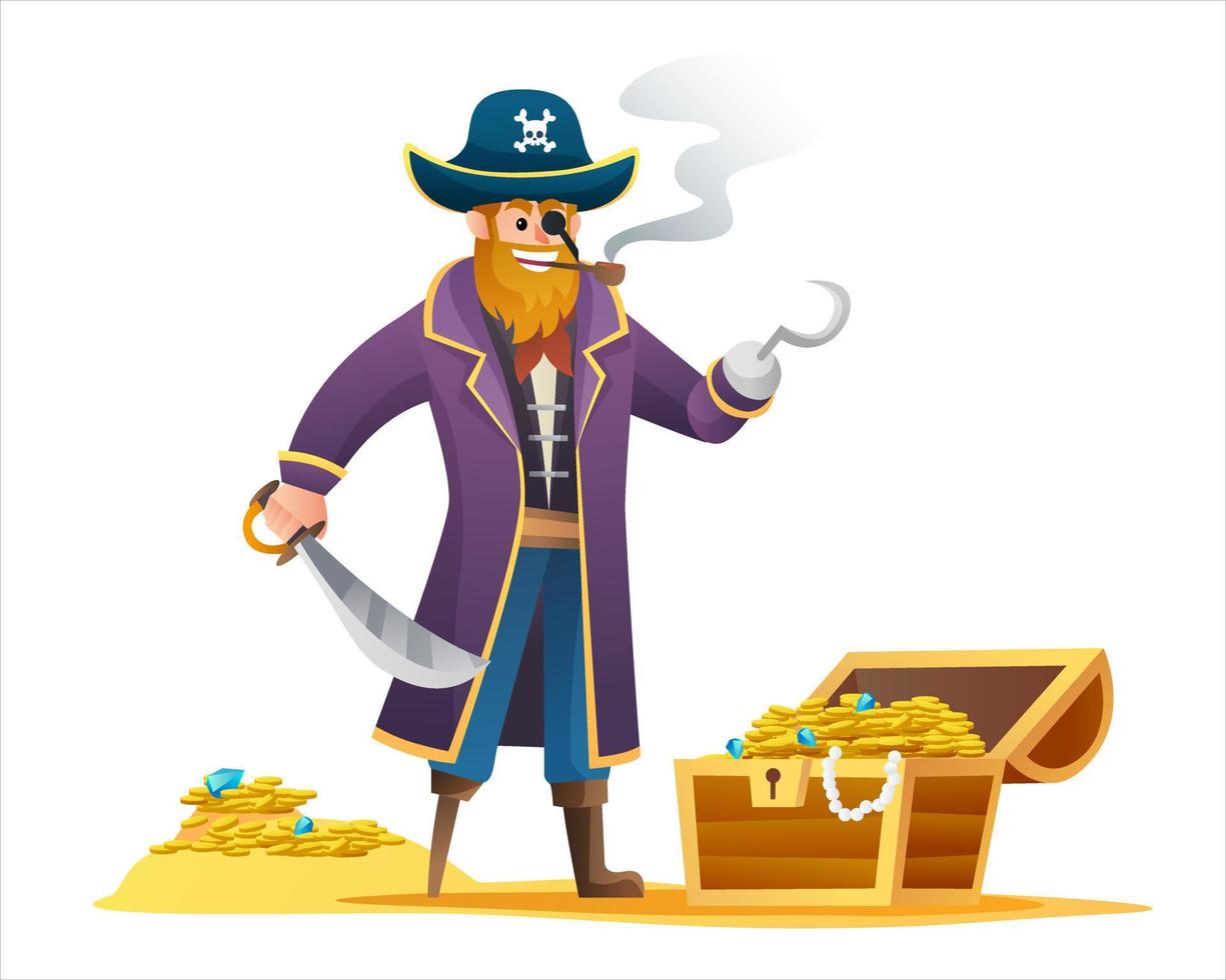 pirata che tiene la spada con il personaggio dei cartoni animati dello scrigno del tesoro vettore