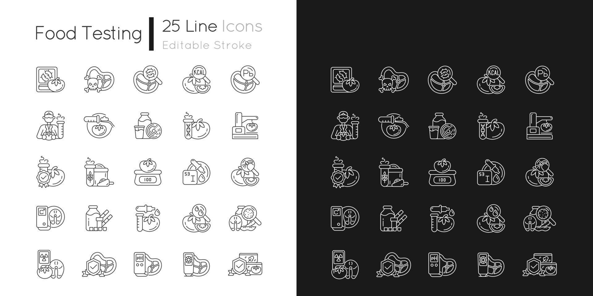 icone lineari per test alimentari impostate per la modalità scura e chiara. vari metodi di prova. analisi scientifica della nutrizione. simboli di linee sottili personalizzabili. illustrazioni di contorno vettoriale isolate. tratto modificabile