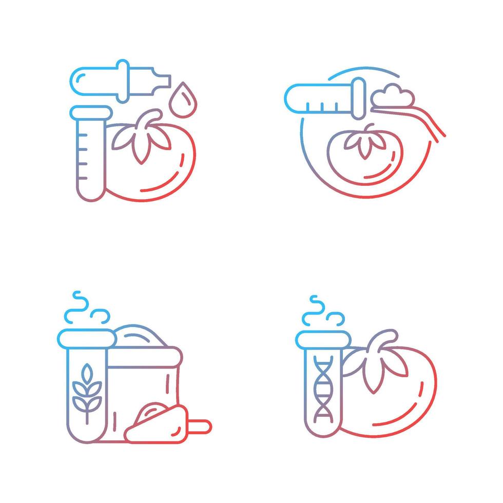 set di icone vettoriali lineari con gradiente di additivi alimentari artificiali. prodotti biologici modificati. campionamento e analisi nutrizionale. fascio di simboli di contorno a linea sottile. raccolta di illustrazioni di contorno isolato