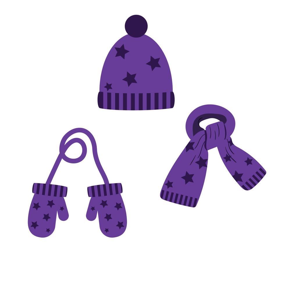 set di cappello e sciarpa, guanti viola con stelle vettore