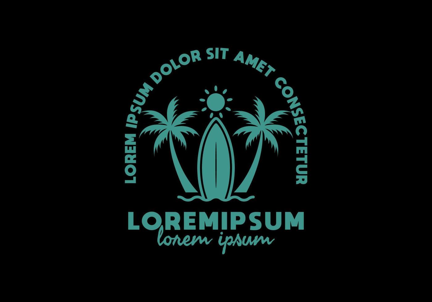 colore blu della tavola da surf e dell'albero di cocco illustrazione artistica con testo lorem ipsum vettore