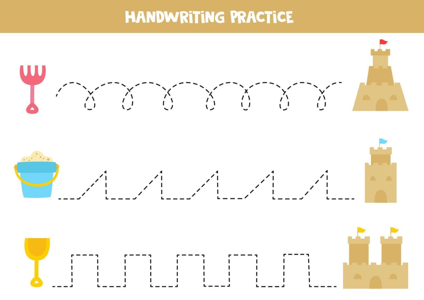 tracciare linee con graziosi castelli di sabbia. Pratica di scrittura. vettore