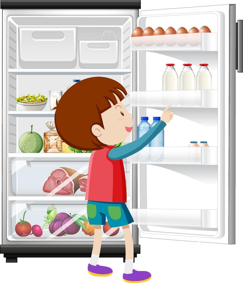 un ragazzo e un frigorifero con un sacco di cibo. vettore