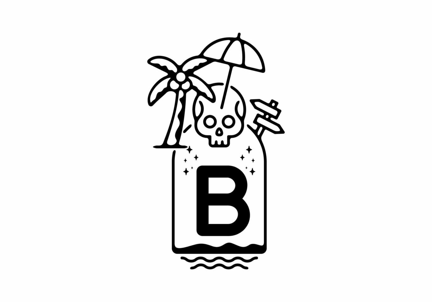 illustrazione artistica al tratto nero della spiaggia del cranio con lettera iniziale b vettore