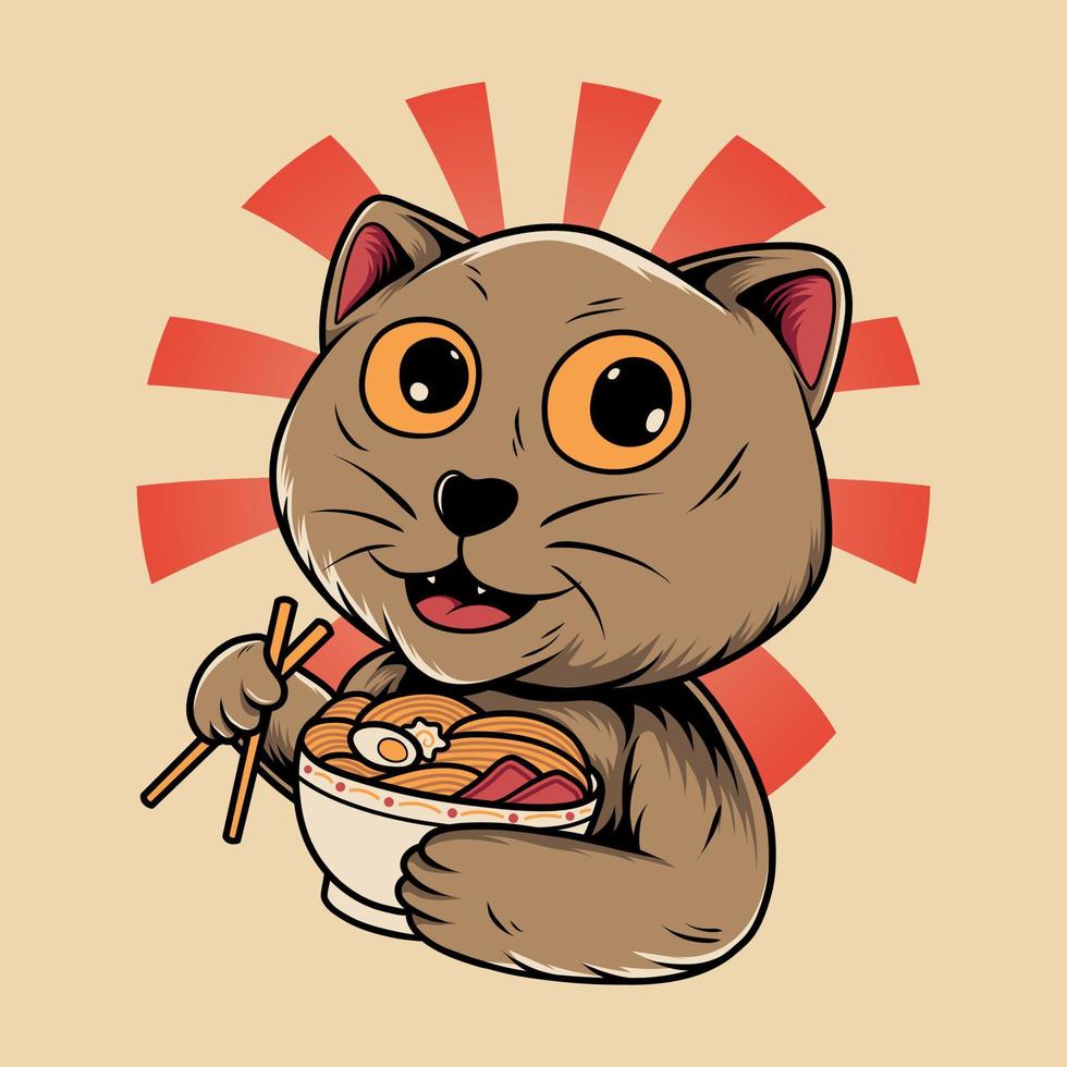 cartone animato gatto giapponese che mangia ramen vettore