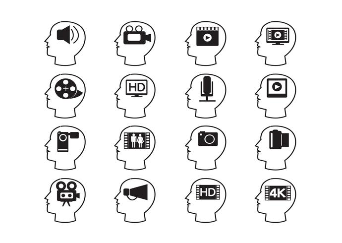 Icone di multimedia di teste video e film di pensiero vettore